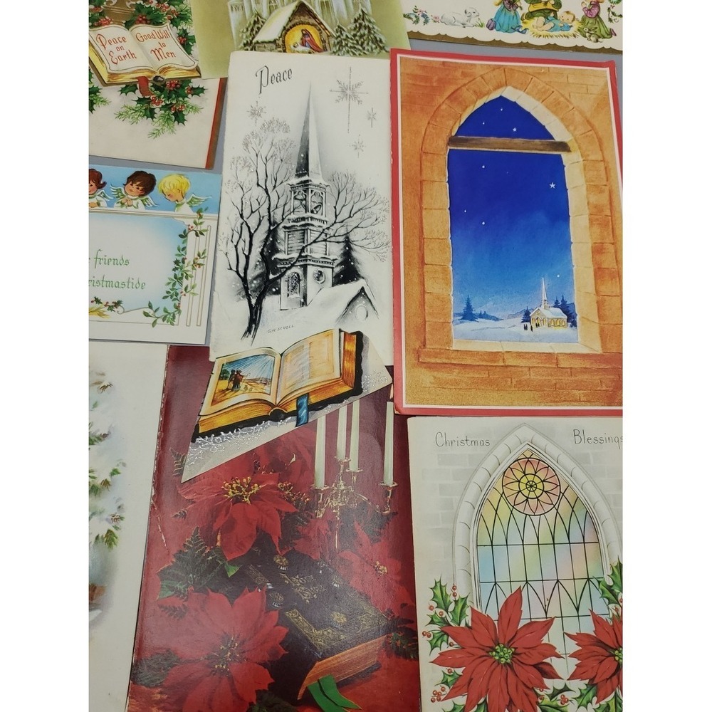 10 Old Used Vtg Christmas Card Fronts 4 Craft Churches Little Prayer Hands Bible